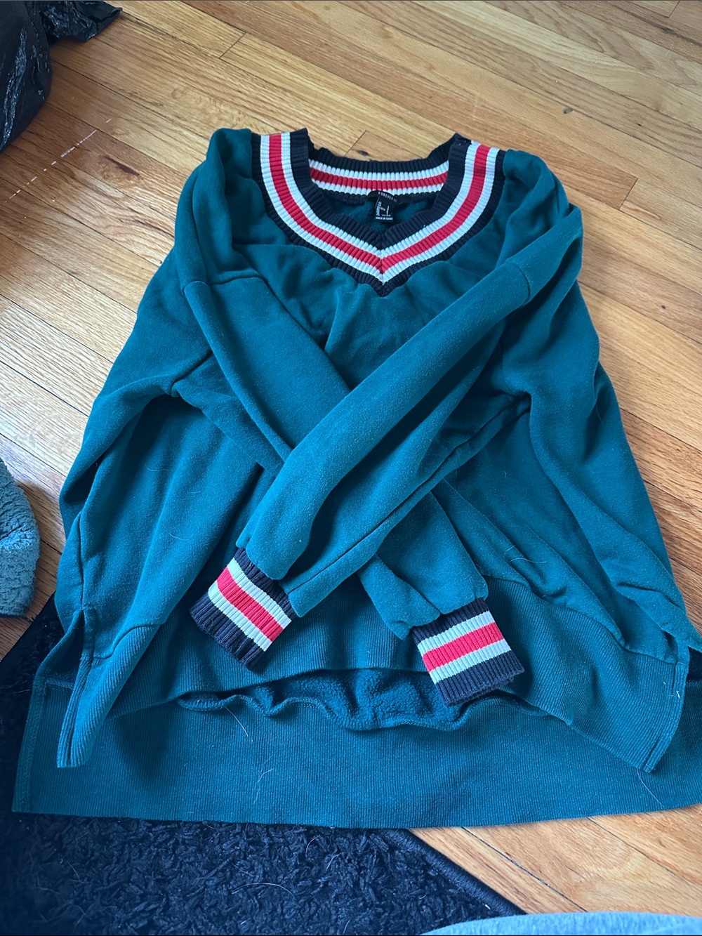 Forever 21 Teal V-Neck Sweater with Red and White Stripe Trim